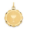 14k Polished and Satin Solid FIRST HOLY COMMUNION Scalloped Edge Round Disc Pendant, 26 x 20 mm