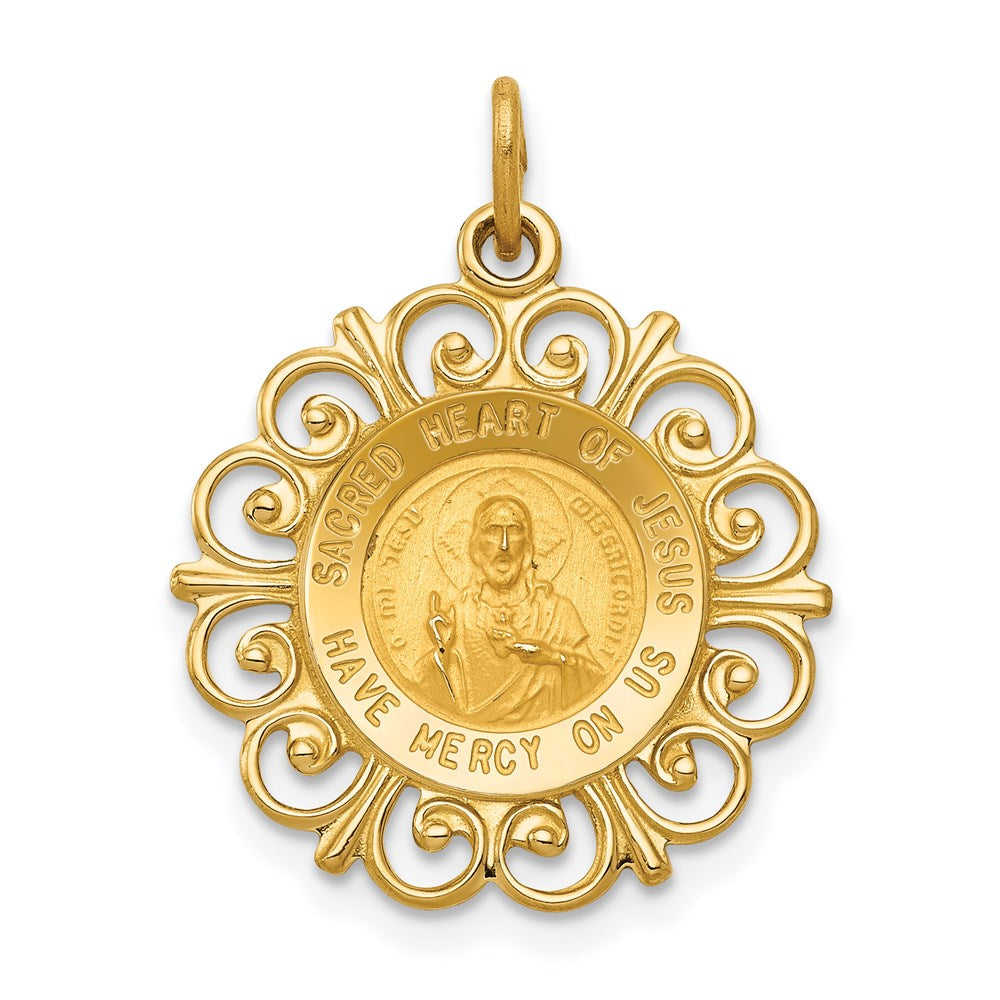14k Polished and Satin Solid Sacred Heart of Jesus Medal Scalloped Edge Round Charm, 23 x 18 mm