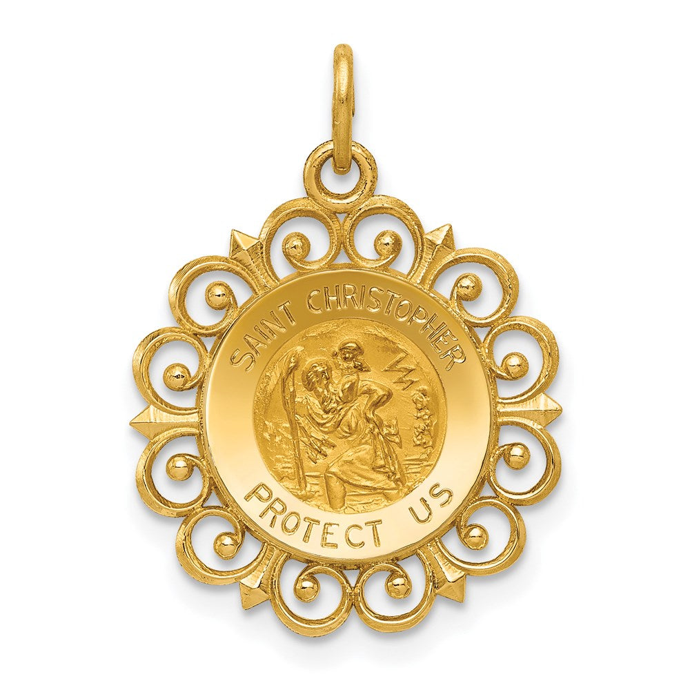 14k Polished and Satin Solid Saint Christopher Medal Scalloped Edge Round Charm, 24 x 17.5 mm