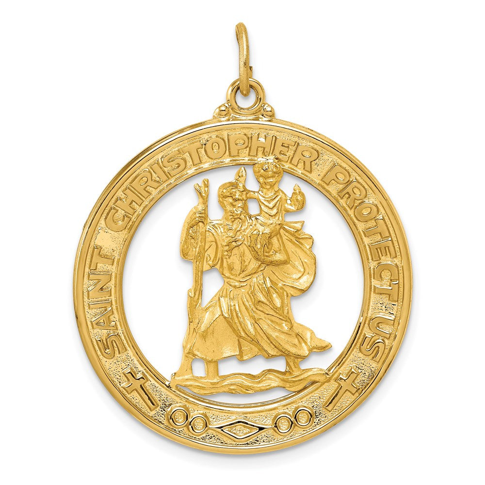 14k Polished and Satin Solid Large Cut-out St. Christopher Medal Round Pendant, 38 x 30 mm