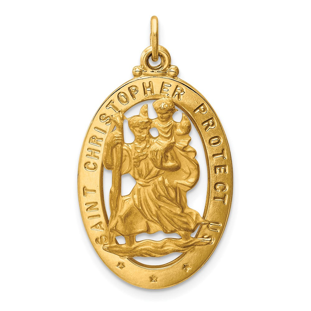 14k Polished and Satin Solid Cut-out Saint Christopher Medal Oval Pendant, 31 x 17.5 mm