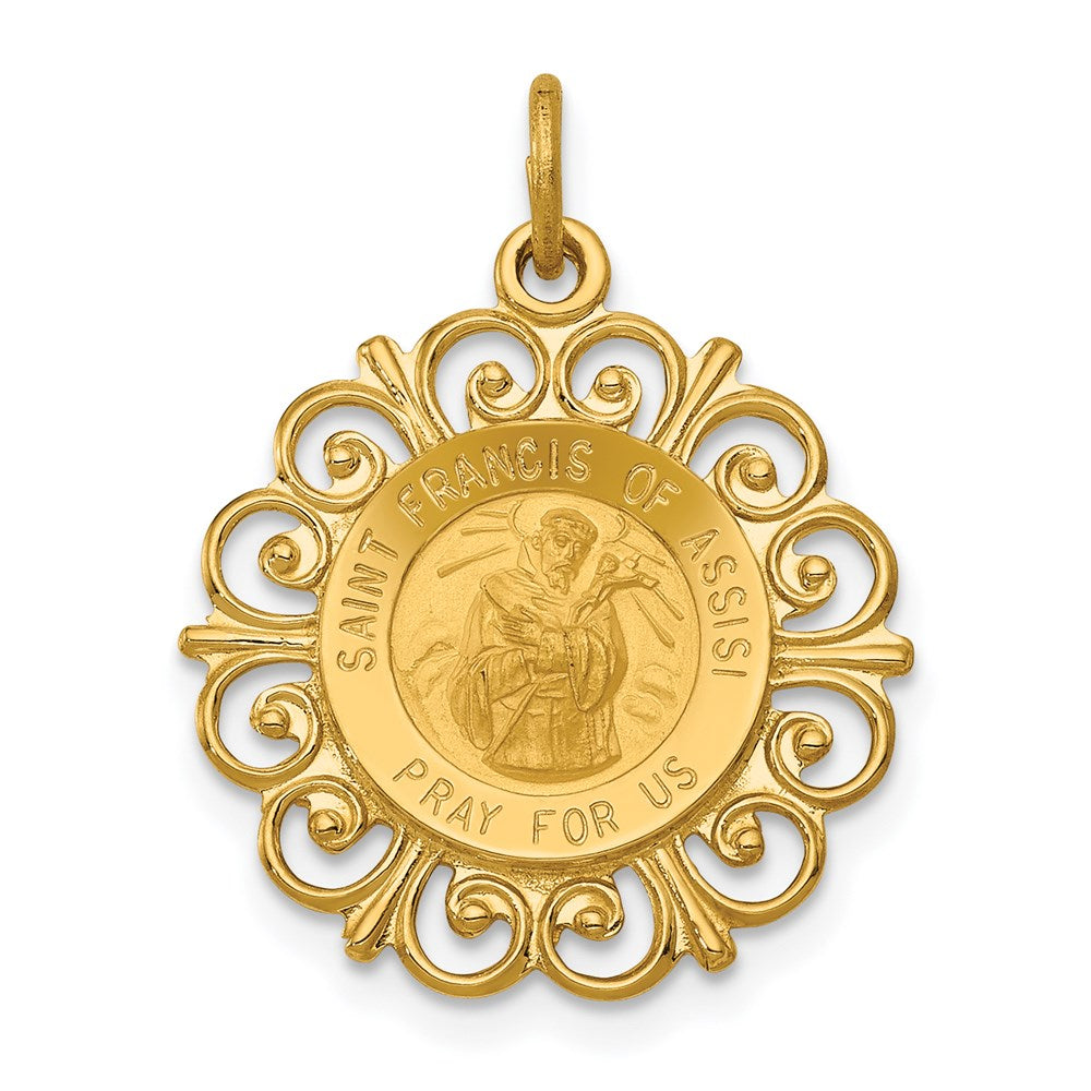 14k Polished and Satin Solid Saint Francis of Assisi Medal Scalloped Edge Round Pendant, 26 x 19 mm