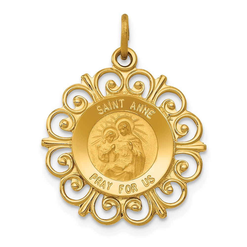 14k Polished and Satin Solid Saint Anne Medal Scalloped Edge Charm, 24.5 x 19 mm