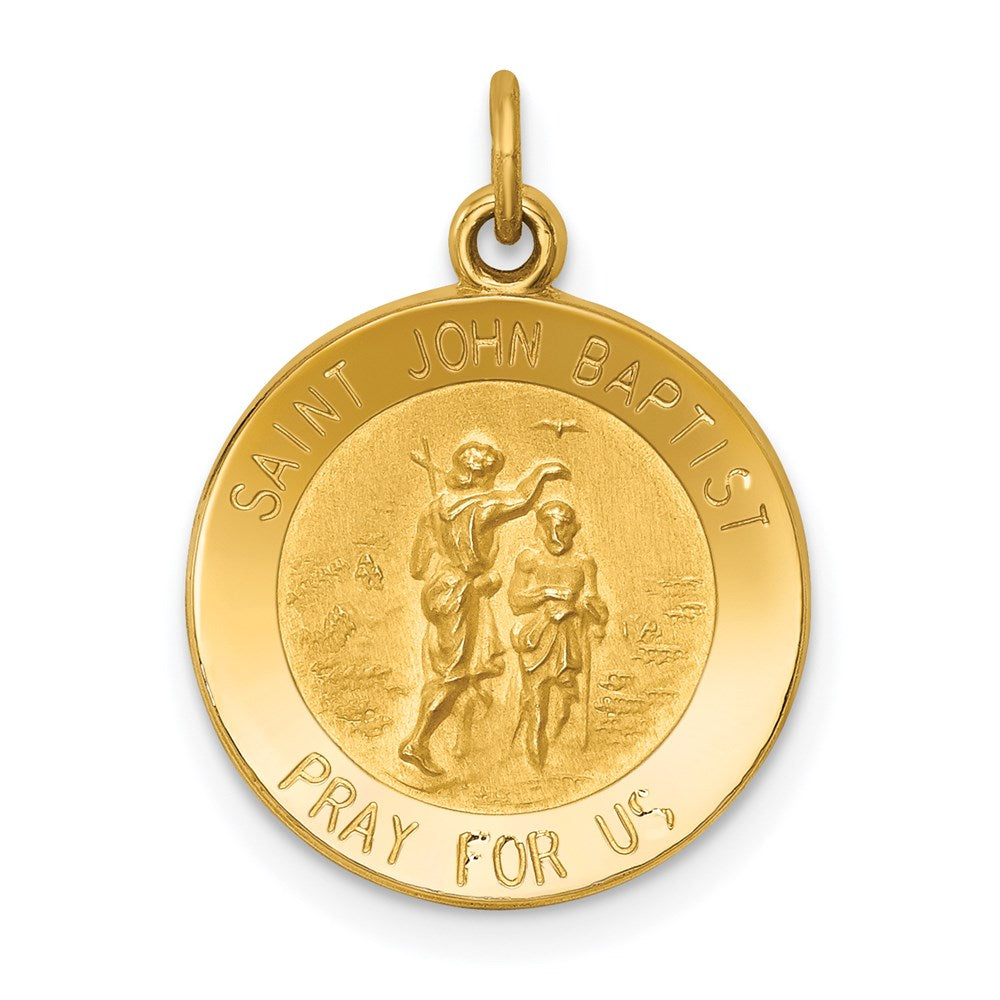14k Polished and Satin Solid St John the Baptist Medal Round Pendant, 19.8 x 15 mm