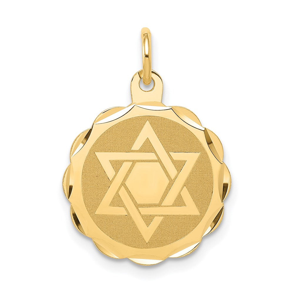 14k Solid Star of David Round Disc with Scalloped Edge Charm, 21 x 16 mm