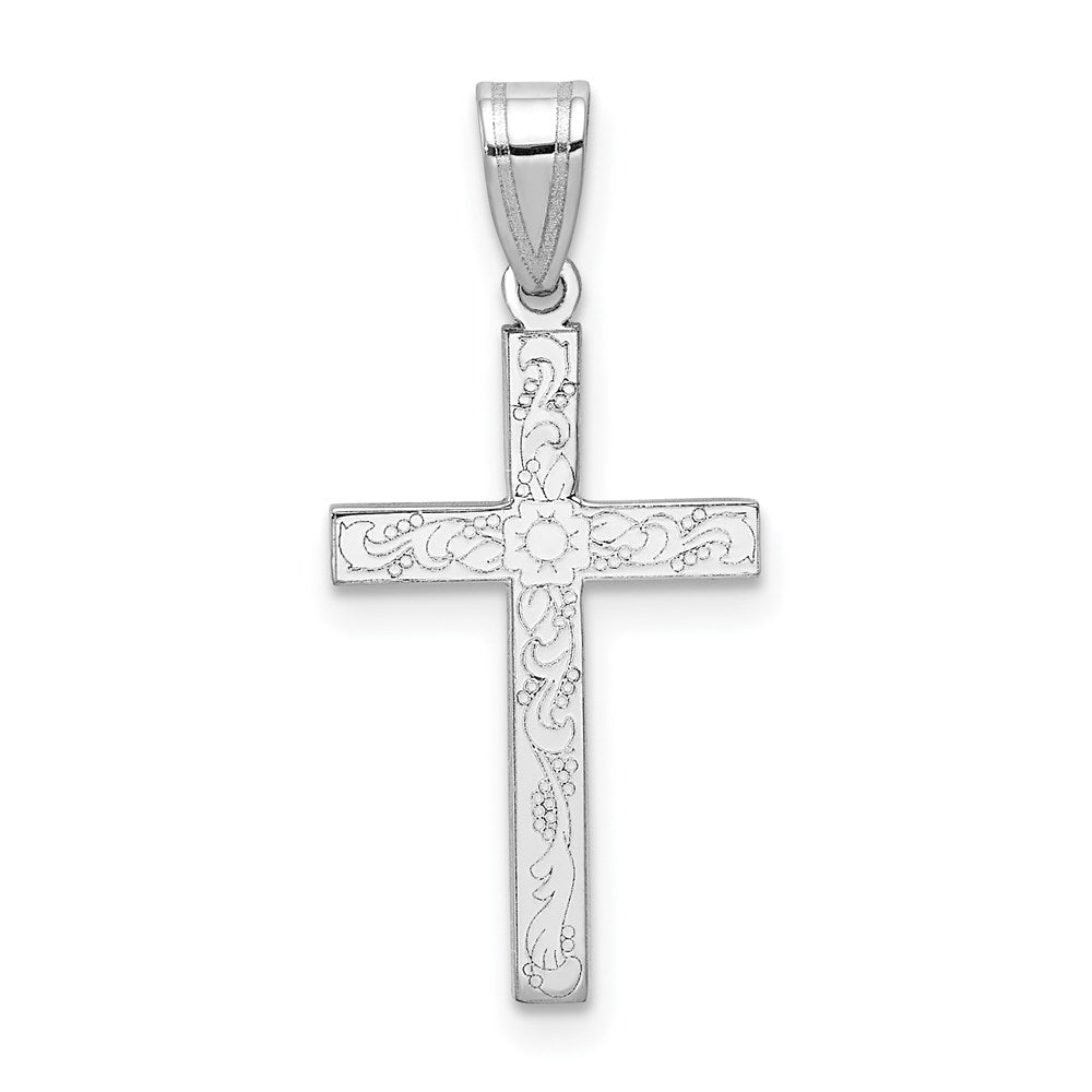 14K White Gold Floral Cross Charm, 25 x 12 mm