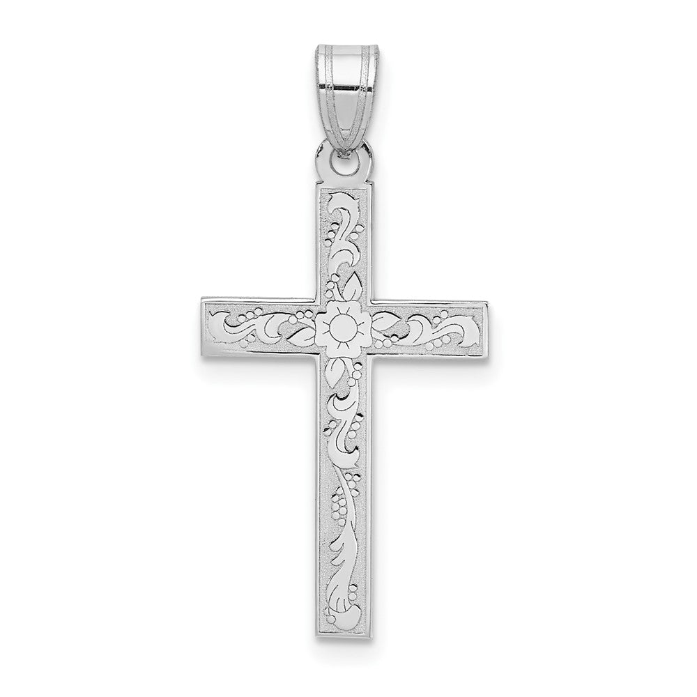 14K White Gold Floral Cross Pendant, 29 x 14 mm