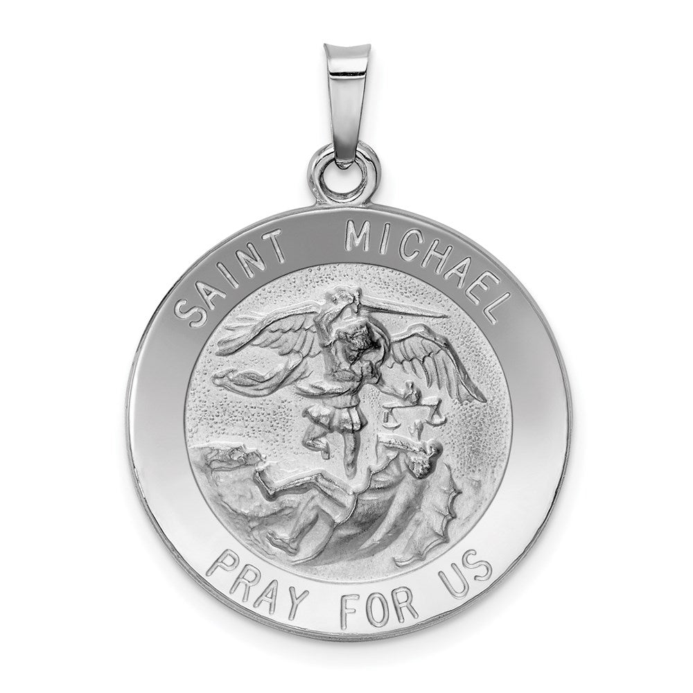 14k White Gold Polished and Satin Solid St. Michael Medal Round Pendant, 30 x 22 mm
