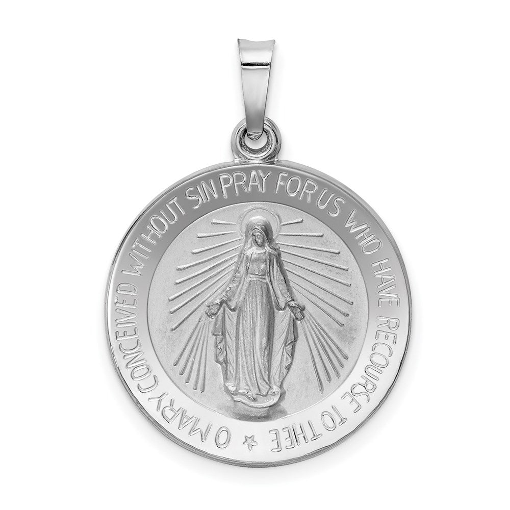 14k White Gold Polished and Satin Solid Miraculous Medal Round Pendant, 26 x 19 mm