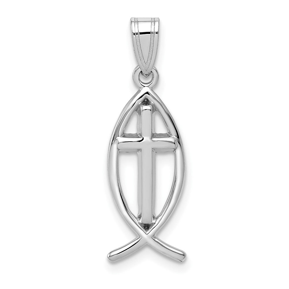 14k White Gold Cross Ichthus Fish Pendant, 26 x 9 mm