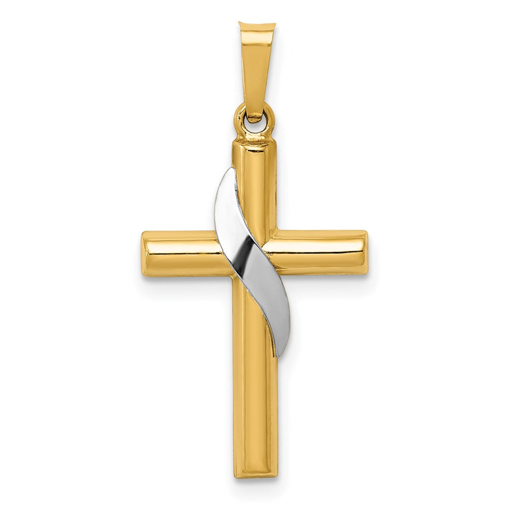 14K Two-Tone Hollow Cross with Drape Charm, 28 x 14 mm