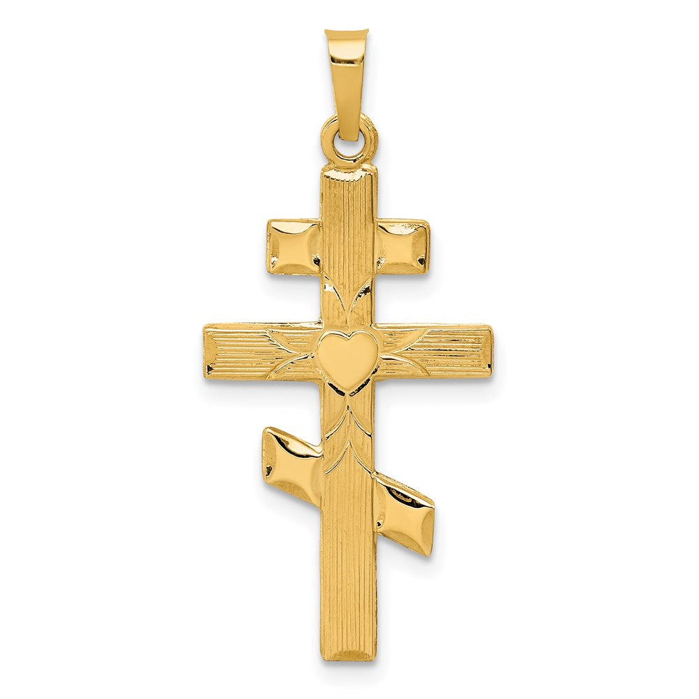 14K Eastern Orthodox Cross with Heart Pendant, 34 x 16 mm