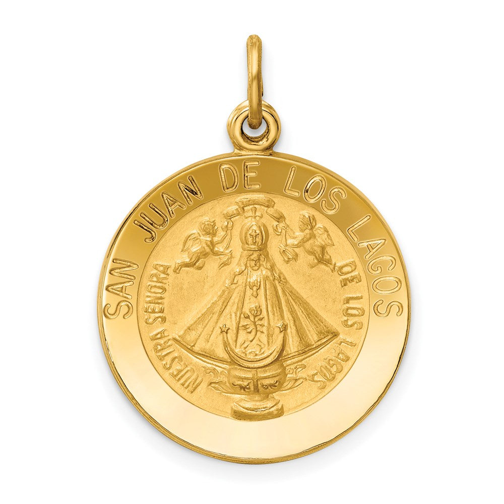 14k Polished and Satin Solid San Juan De Los Lagos Medal Round Pendant, 25 x 18.5 mm
