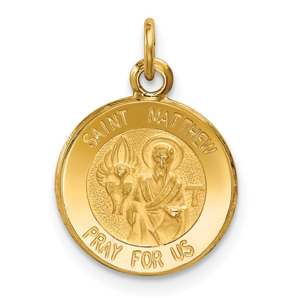 14k Polished and Satin Solid Saint Matthew Medal Round Charm, 19 x 12 mm