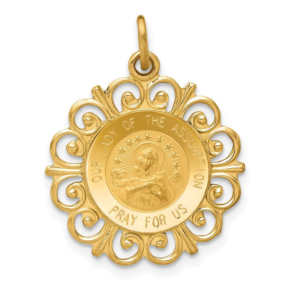 14k Polished and Satin Solid Our Lady Of The Assumption Medal Scalloped Edge Round Pendant, 23 x 19 mm