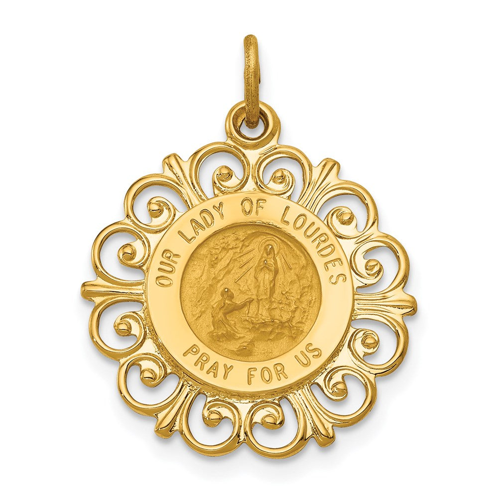 14k Polished and Satin Solid Our Lady of Lourdes Medal Scalloped Edge Round Pendant, 24 x 19 mm