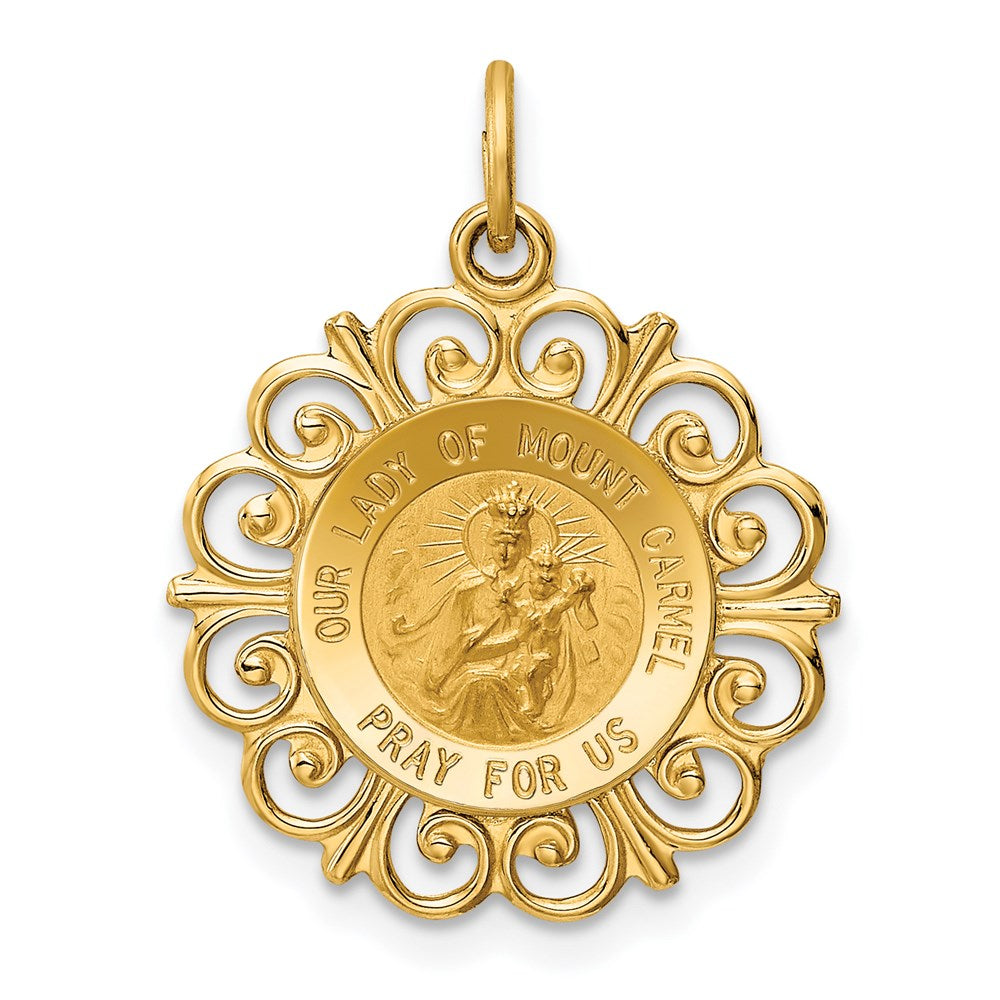 14k Polished and Satin Solid Our Lady of Mt. Carmel Medal Scalloped Edge Round Charm, 24 x 19 mm