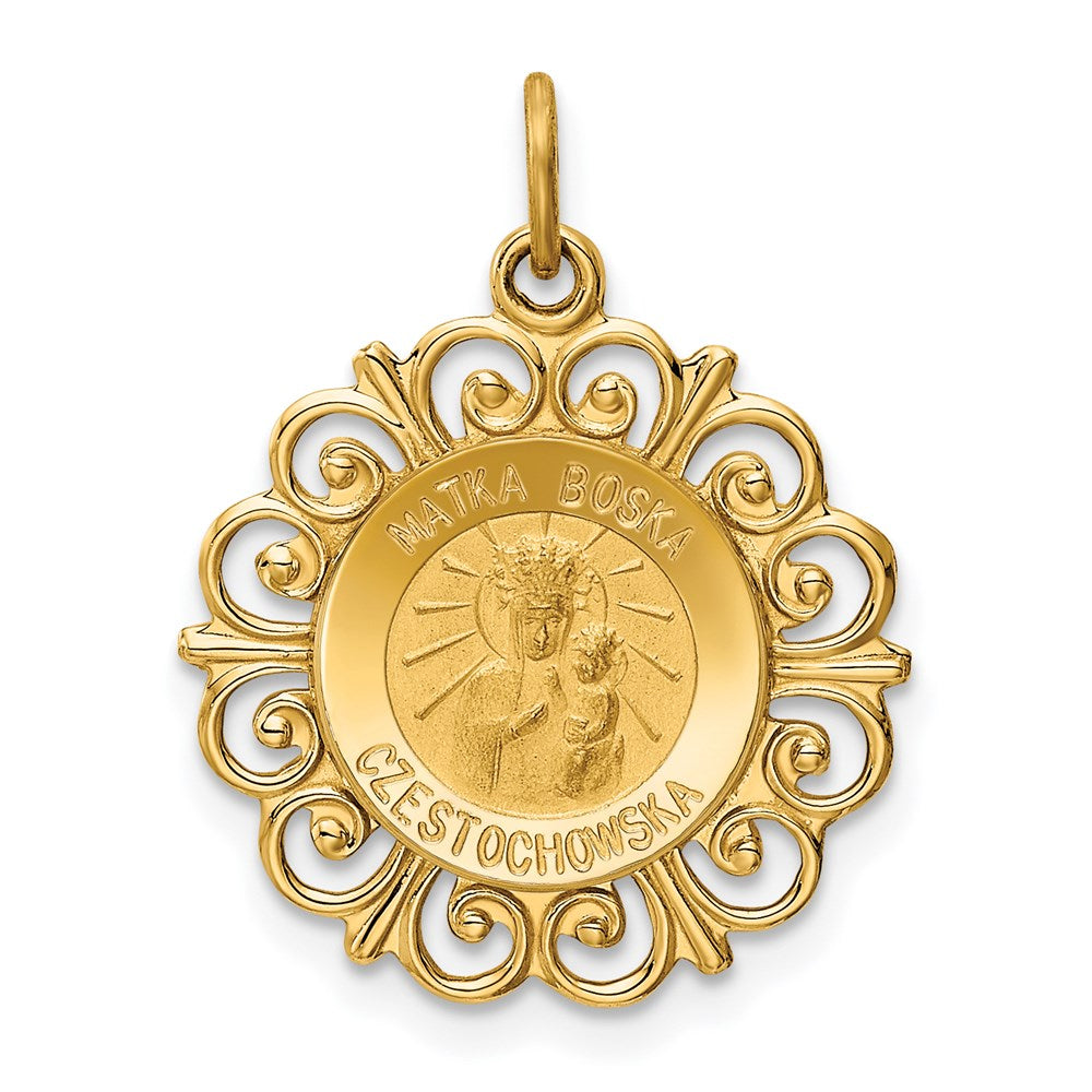 14k Polished and Satin Solid Matka Boska Czestochowska Medal Reversible Scalloped Edge Round Pendant, 23.5 x 18.5 mm