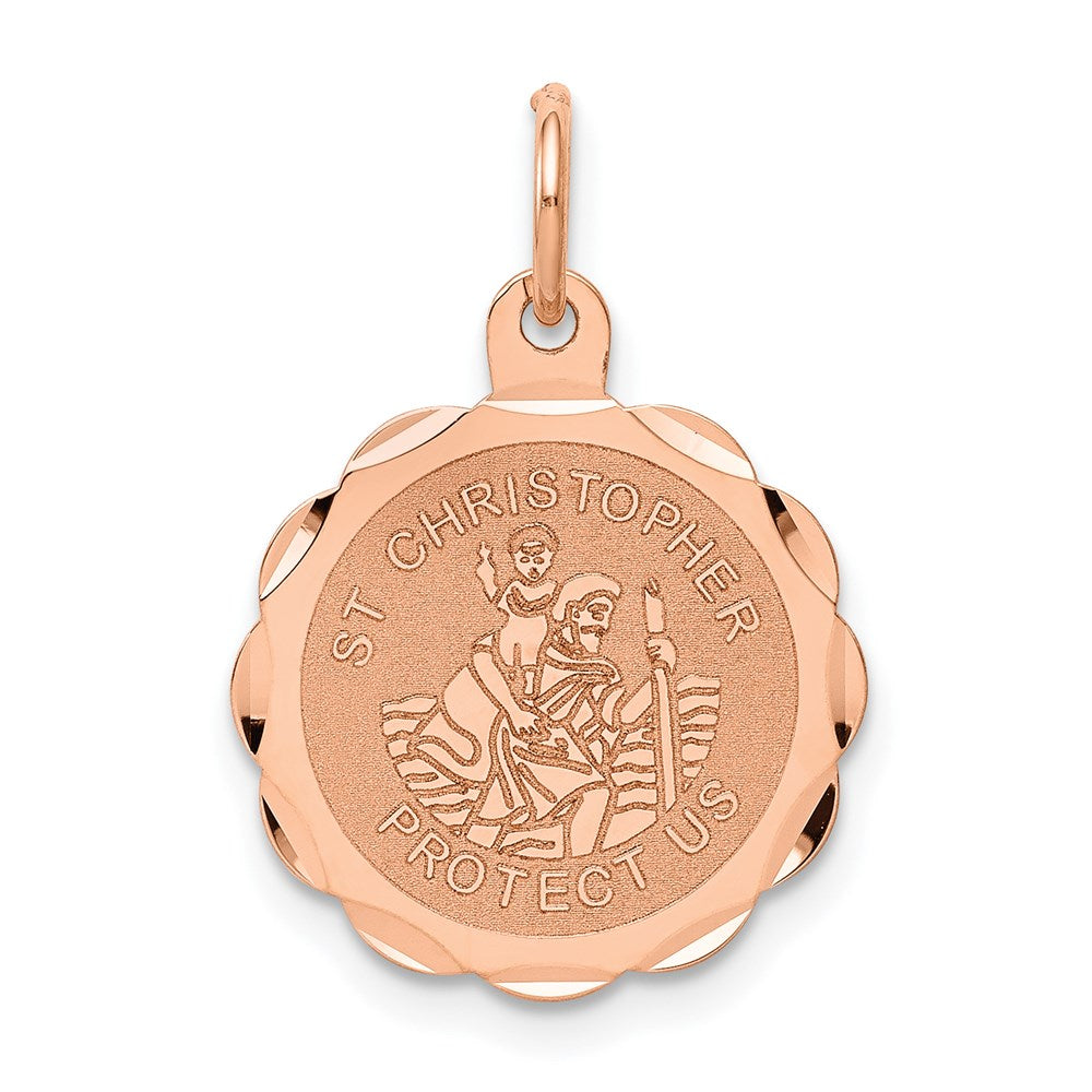 14k Rose Gold Satin and Polished Saint Christopher Medal Scalloped Edge Round Charm, 22.75 x 16 mm
