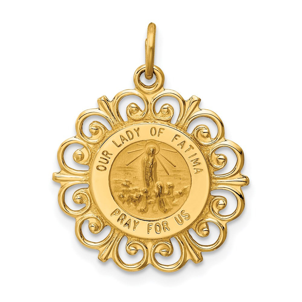 14k Polished and Satin Solid Our Lady of Fatima Medal Scalloped Edge Round Pendant, 23.5 x 18.5 mm
