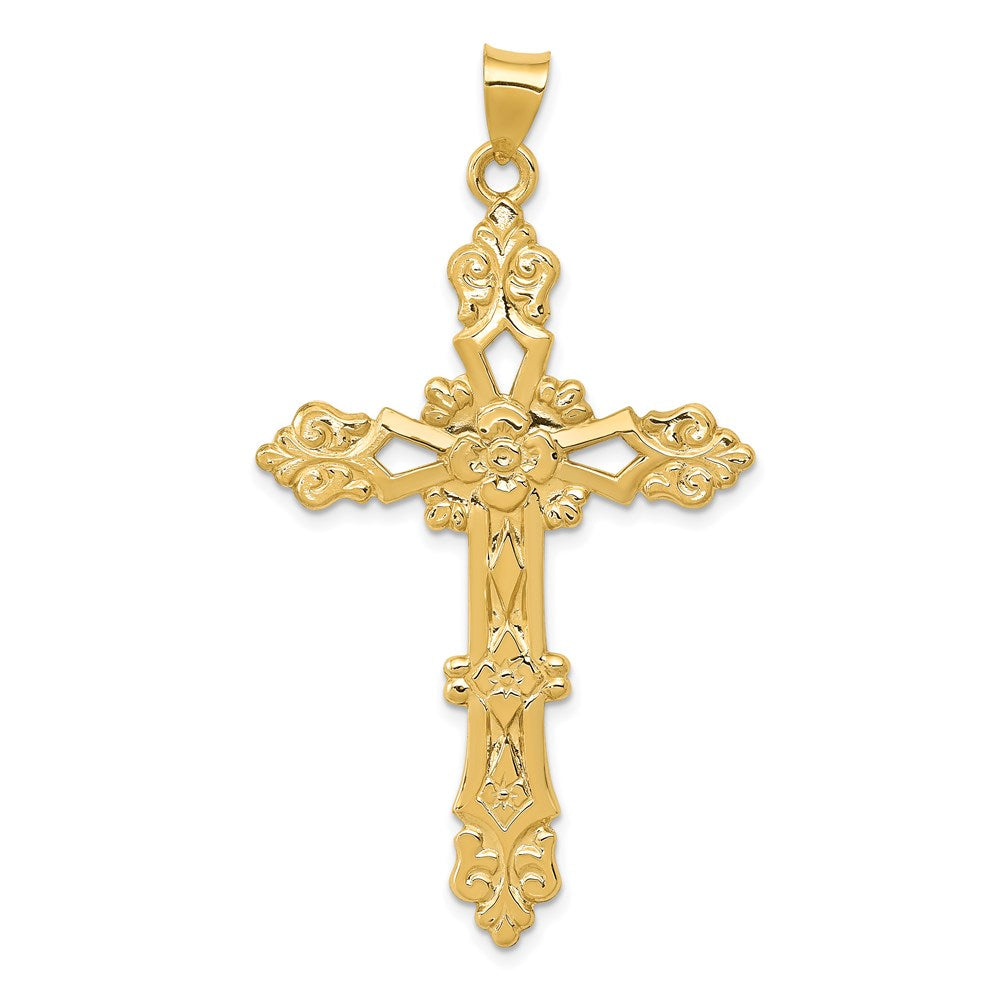 14K Polished Fleur de Lis Cross Pendant, 54 x 30 mm
