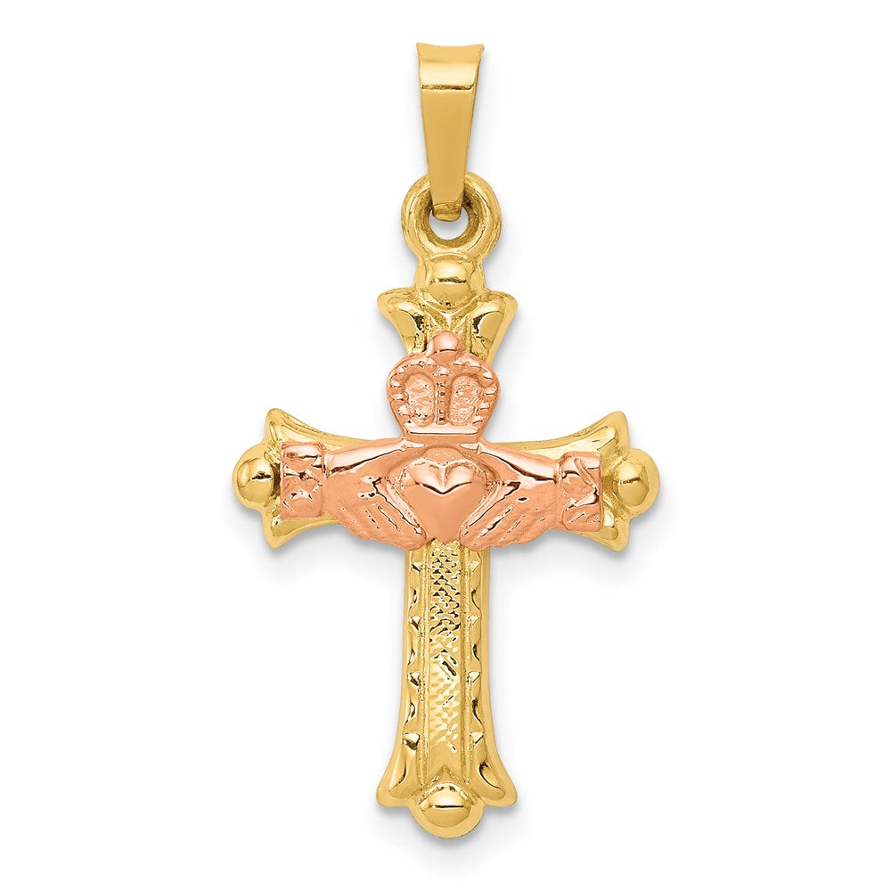 14k Two-tone Claddagh Cross Pendant, 28 x 15 mm, 0.67 g