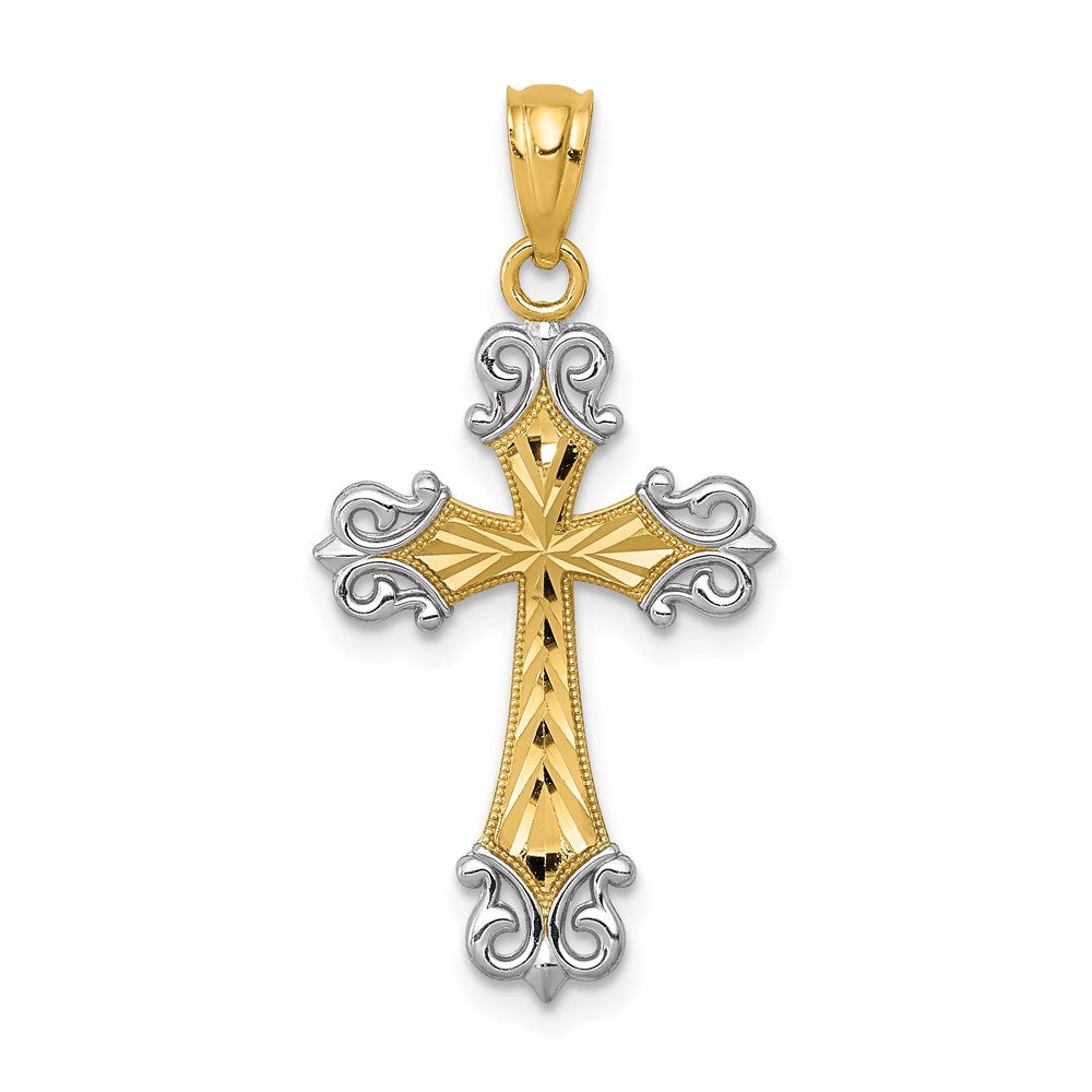 14k and White Rhodium Diamond-cut Fleur de Lis Cross Pendant, 29 x 15 mm