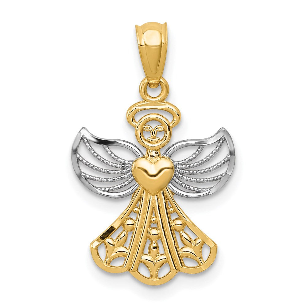 14K and White Rhodium Filigree Angel with Heart Pendant, 24 x 15 mm