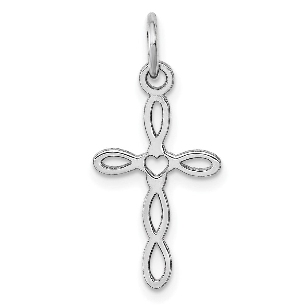 14K White Gold Loop with Center Heart Cross Charm, 23 x 11 mm