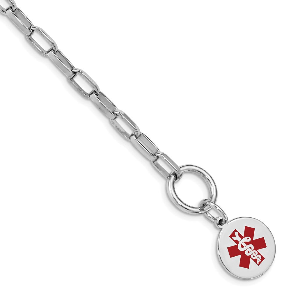 Sterling Silver Rhodium Engraveable Enamel Disc Medical ID Bracelet, 7.75 x 16 mm, 9.46 g