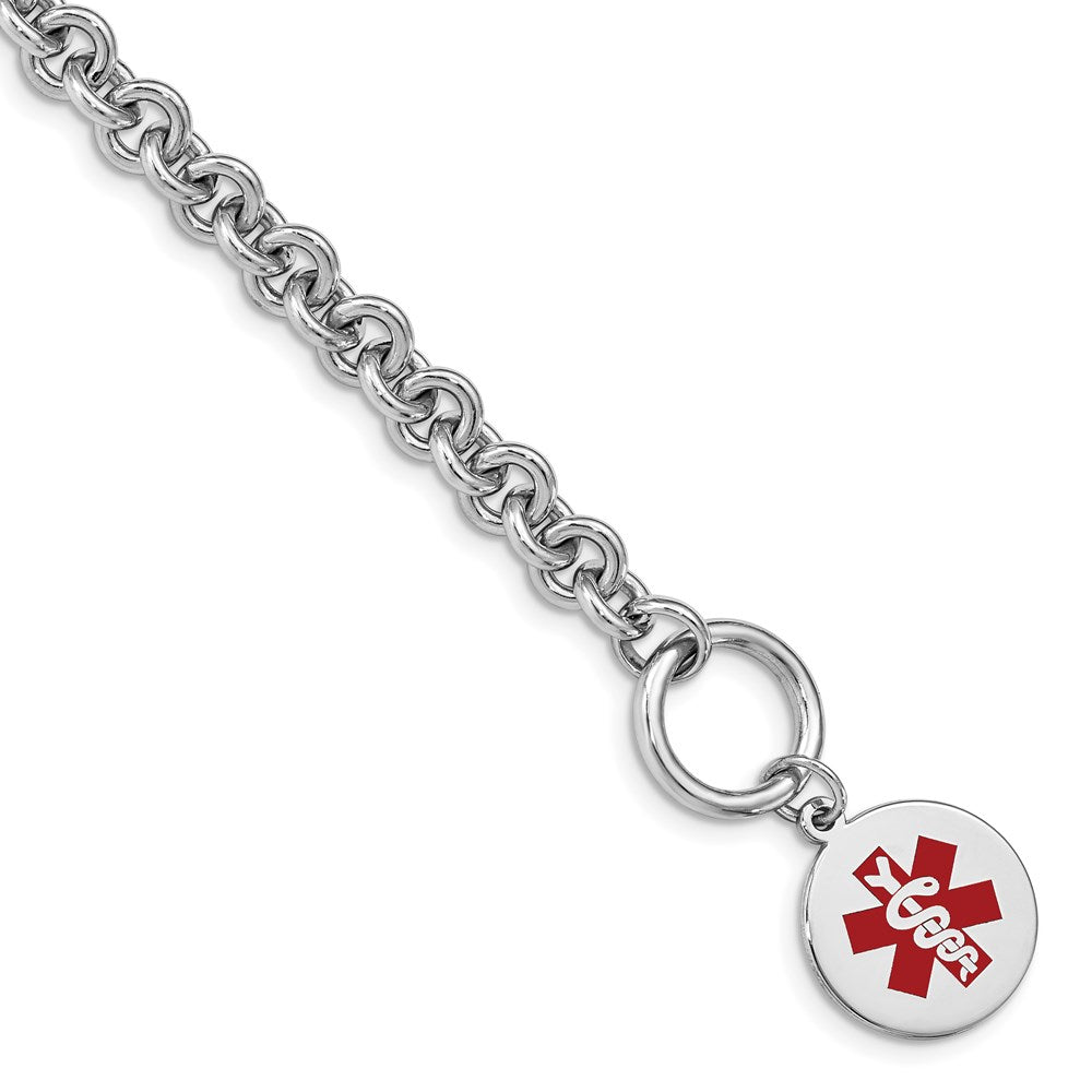 Sterling Silver Rhodium Engraveable Enamel Disc Medical ID Bracelet, 7.75 x 16 mm, 16.83 g