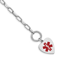 Sterling Silver Rhodium Engraveable Enamel Heart Medical ID Bracelet, 7.75 x 18 mm, 10.25 g