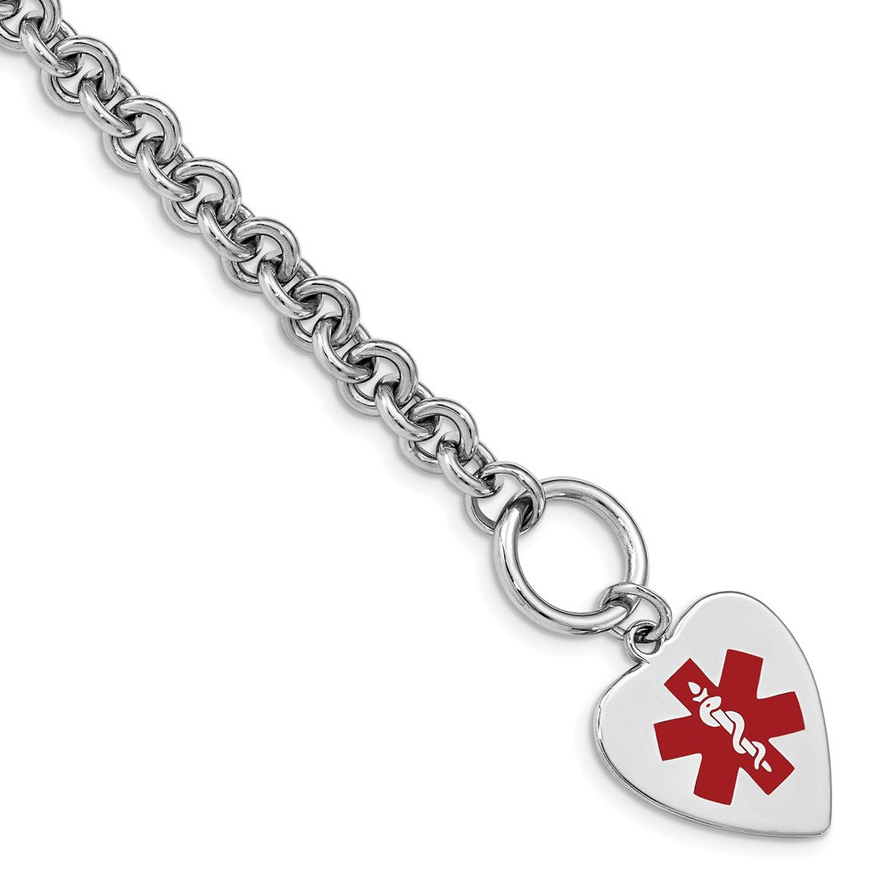 Sterling Silver RH-pltd Engraveable Enamel Heart Medical ID Bracelet, 8.75 x 18 mm