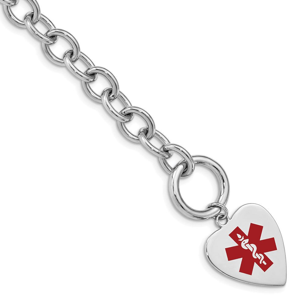 Sterling Silver Rhodium Engraveable Enamel Heart Medical ID Bracelet, 7.75 x 18 mm, 18.78 g