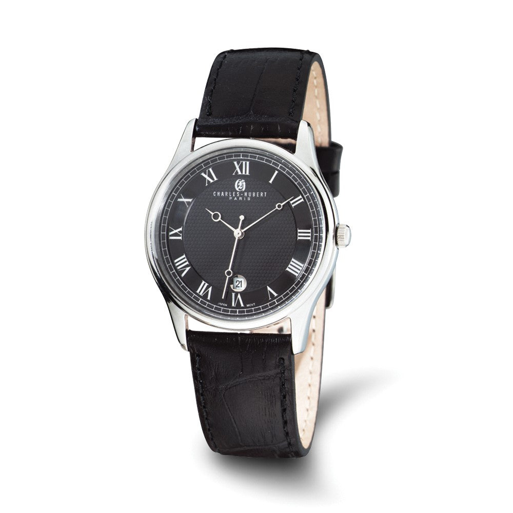 Mens Charles Hubert Stainless Steel Leather Band 37mm Watch