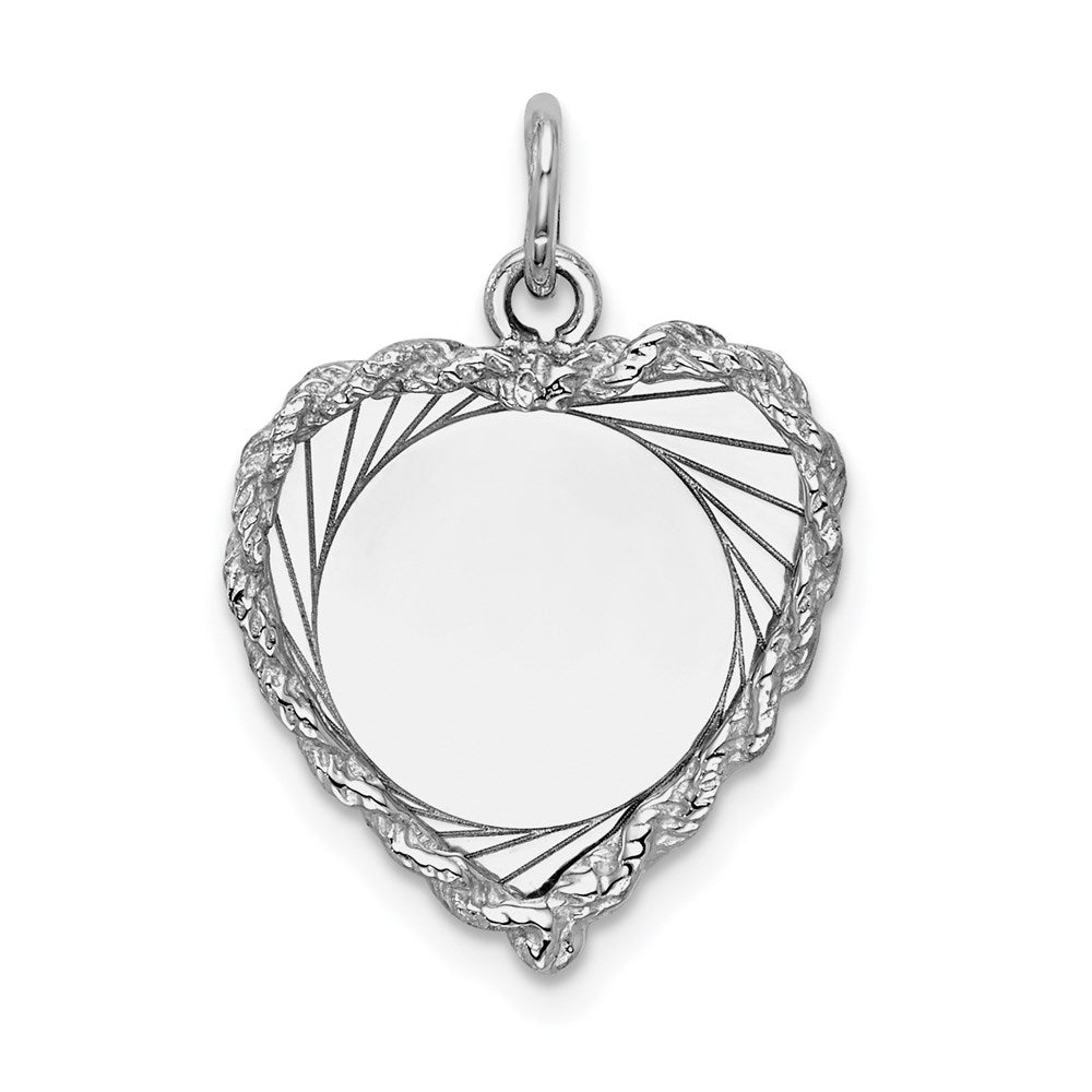 14k White Gold Etched Design with Rope Edge .013 Gauge Engravable Heart 20x16mm Disc Charm, 24 x 16 mm