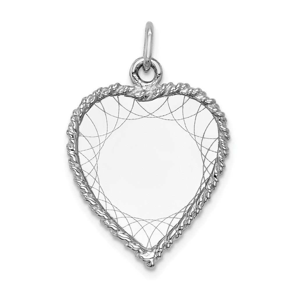 14k White Gold Etched Design with Rope Edge .013 Gauge Engravable Heart 24x19mm Disc Charm, 28 x 19 mm