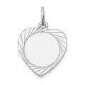 14k White Gold Etched Design .013 Gauge Engravable Heart 18x15mm Disc Charm, 21 x 15 mm