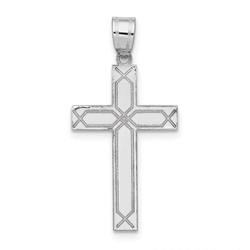 14k White Gold Solid Laser Etched Cross Pendant, 29 x 14 mm