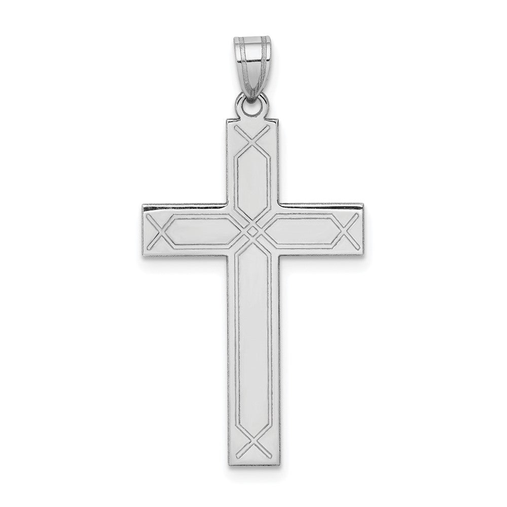 14k White Gold Solid Laser Etched Cross Pendant, 37 x 19 mm