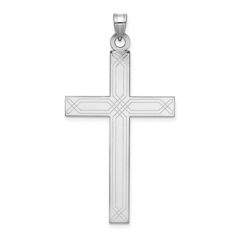 14k White Gold Solid Laser Etched Cross Pendant, 48 x 25 mm