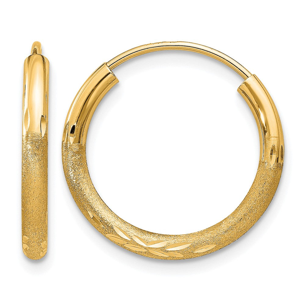 14k 2x18mm Satin Diamond-cut Endless Tube Hoop Earrings, 16 x 2 mm