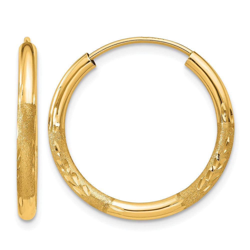 14k 2x20mm Satin Diamond-cut Endless Tube Hoop Earrings, 20 x 2 mm
