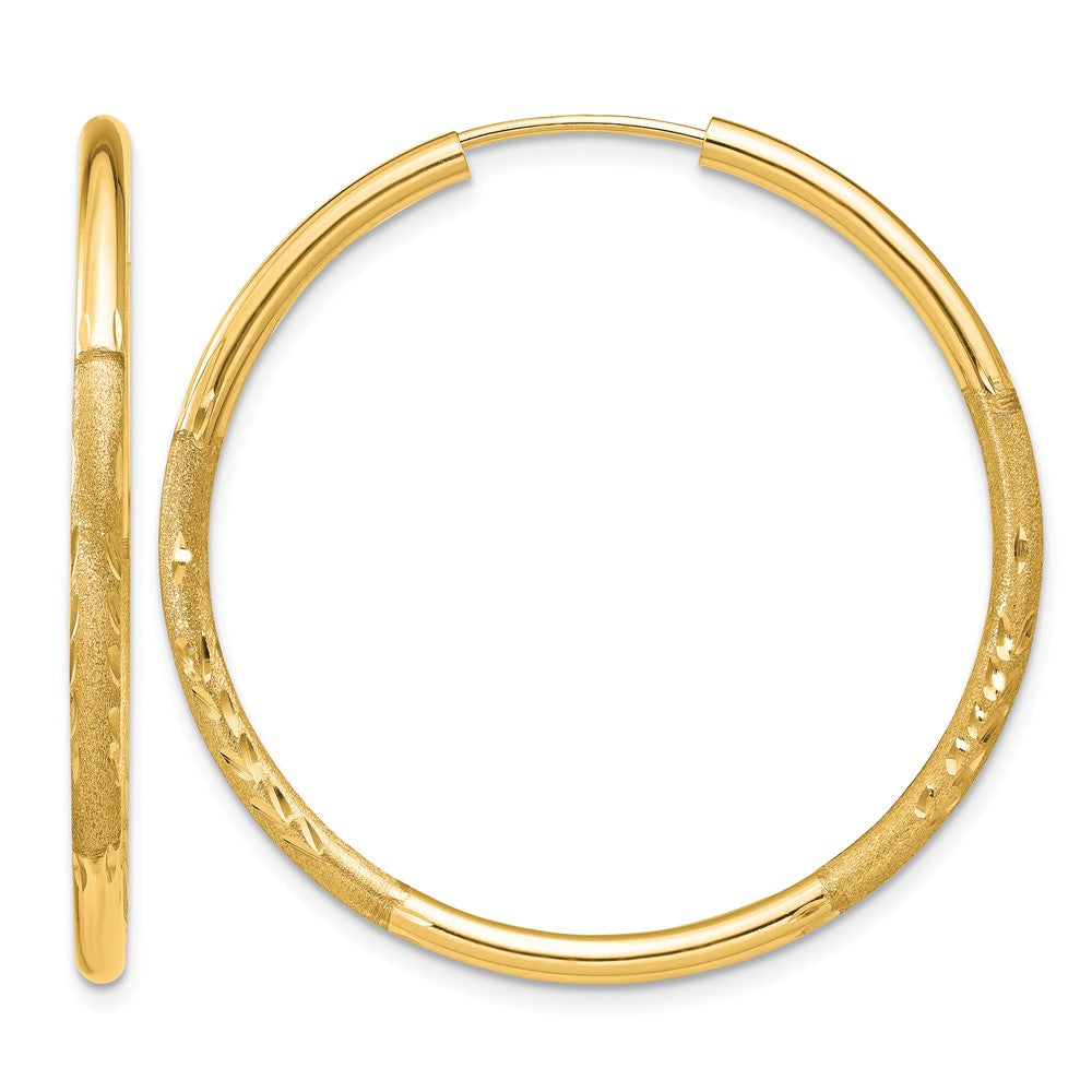 14k 2x30mm Satin Diamond-cut Endless Tube Hoop Earrings, 30 x 2 mm