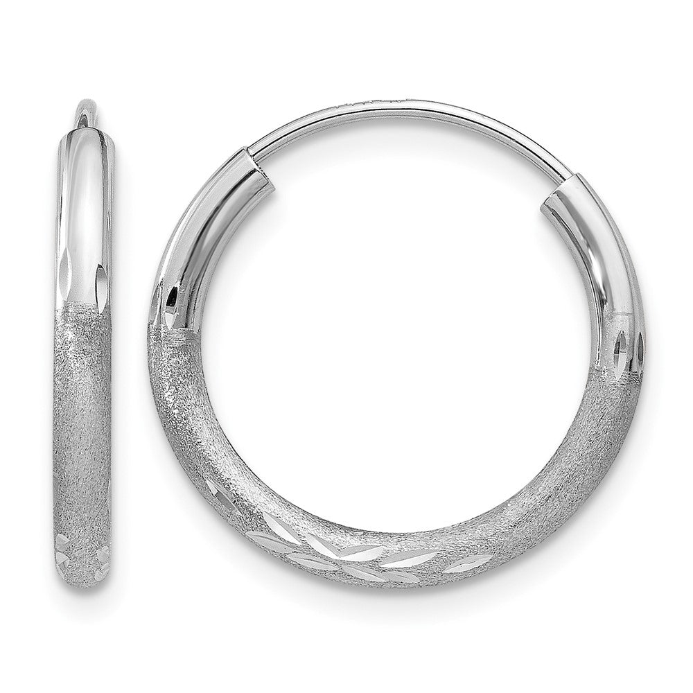 14k White Gold 2x14mm Satin Diamond-cut Endless Tube Hoop Earrings, 14 x 2 mm