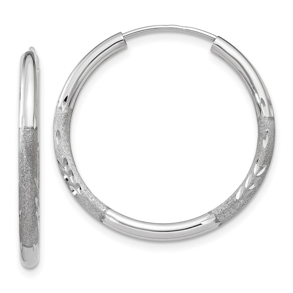 14k White Gold 2x20mm Satin Diamond-cut Endless Tube Hoop Earrings, 20 x 2 mm