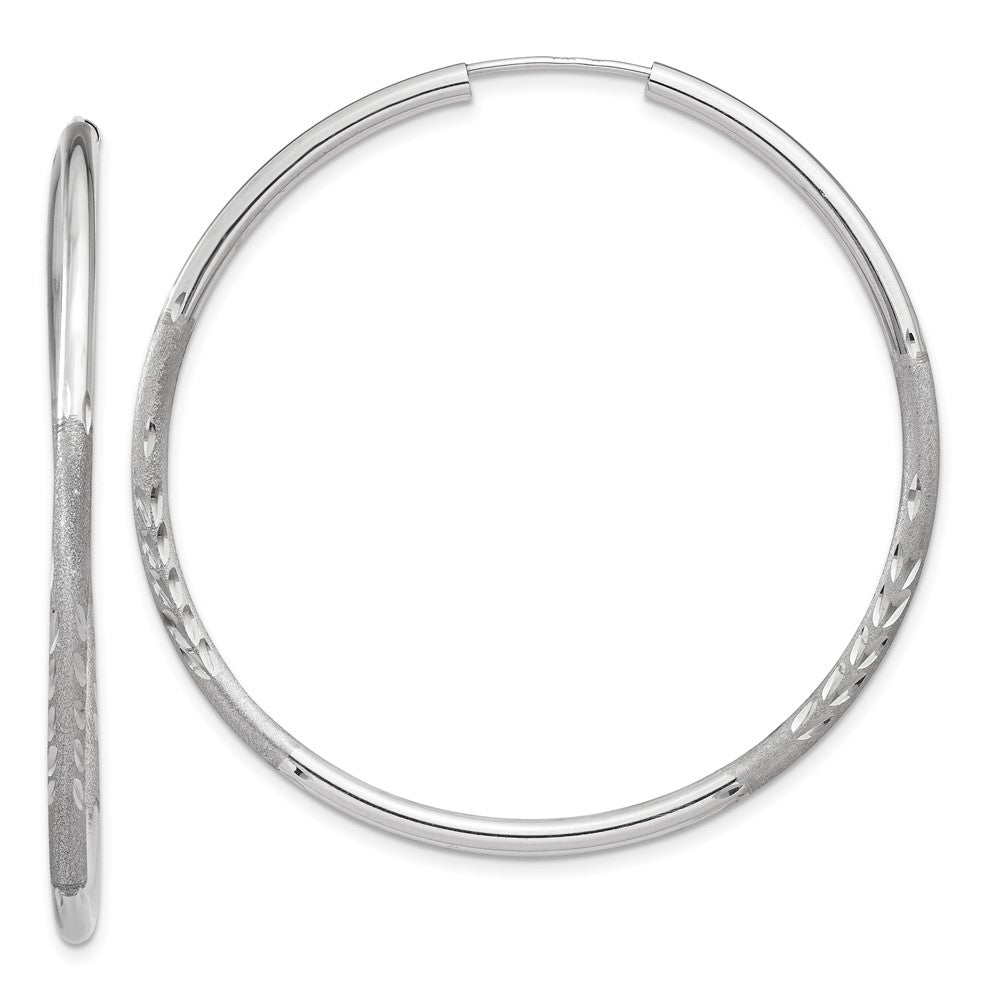 14k White Gold 2x40mm Satin Diamond-cut Endless Tube Hoop Earrings, 40 x 2 mm