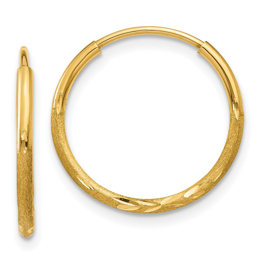 14k 1.2x15mm Satin Diamond-cut Endless Tube Hoop Earrings, 15 x 1.25 mm