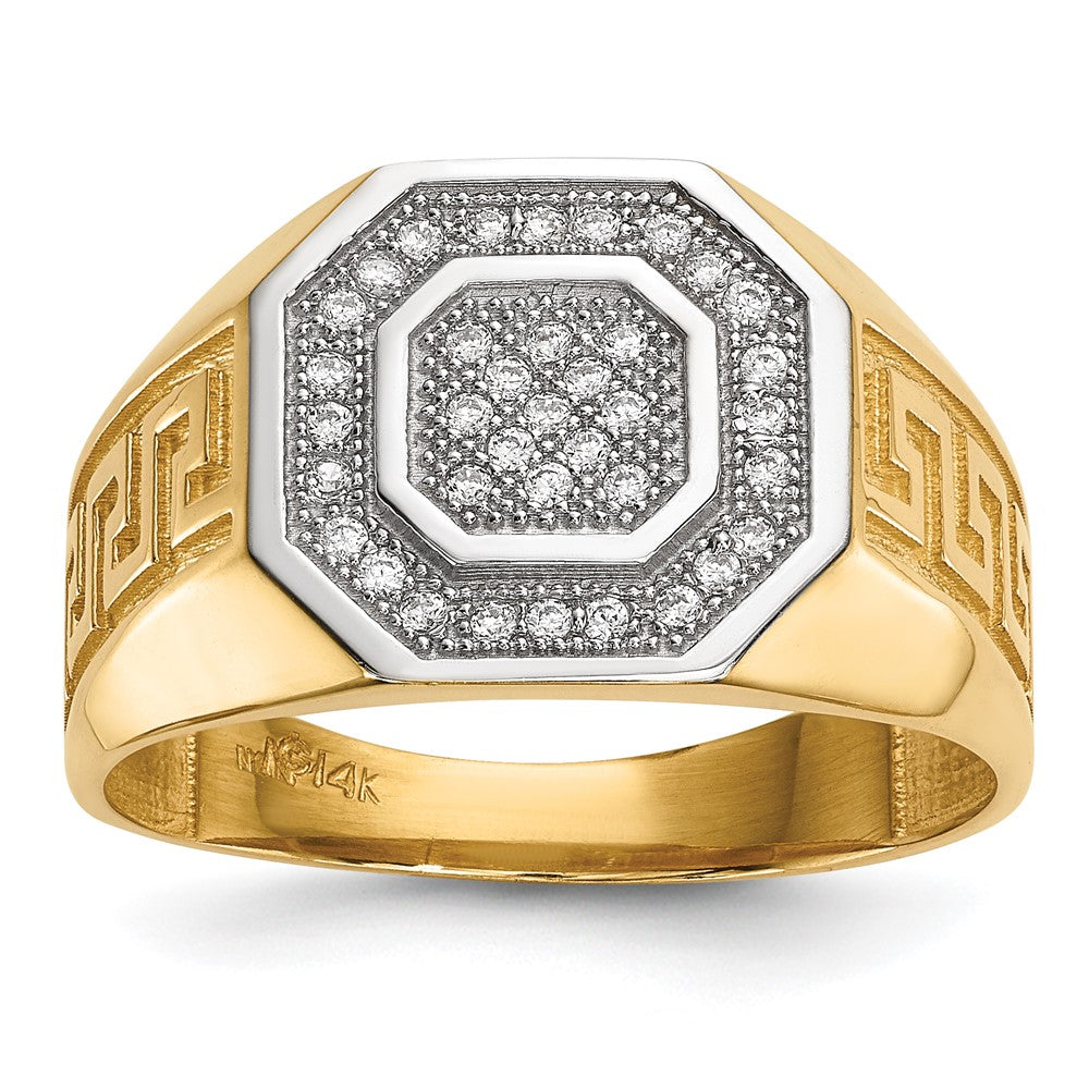 IB Goodman 14k and White Rhodium Micro Pave CZ Octagon and Greek Key Shank Mens Ring, Size 10
