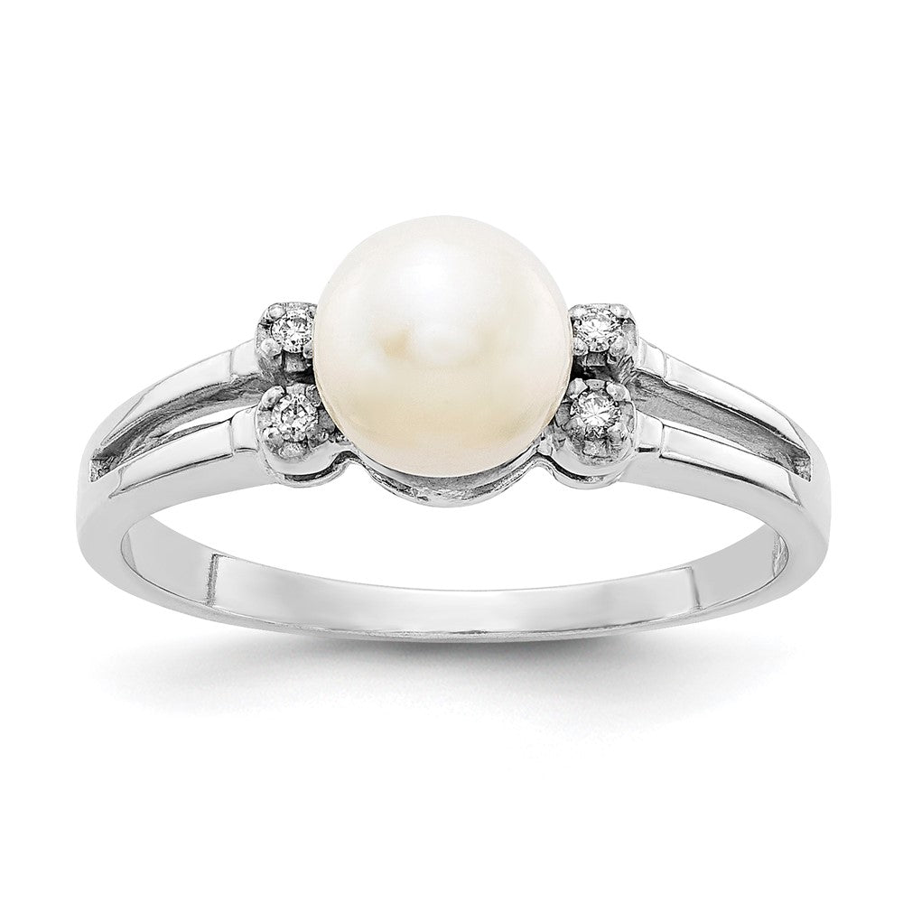 14k White Gold 6mm White Freshwater Cultured Pearl and AA Diamond Ring, 0.028 ct